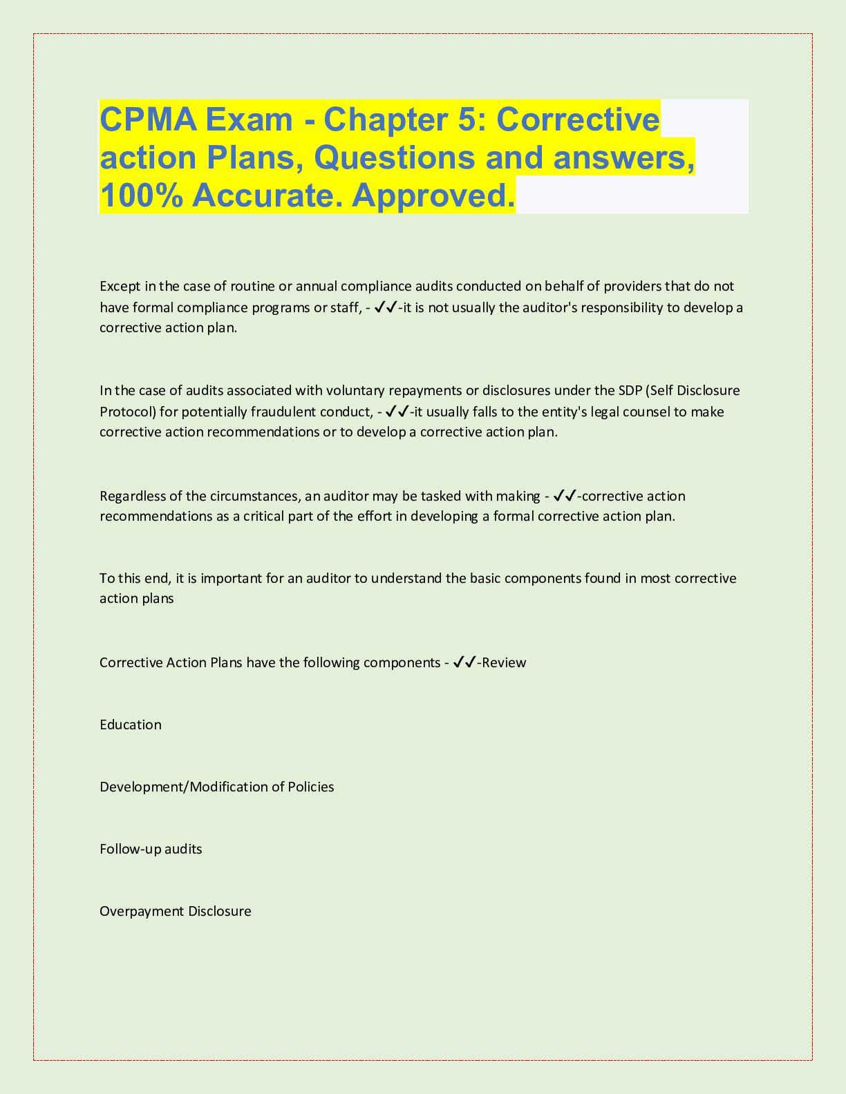 Preview image for CPMA Exam - Chapter 5: Corrective  action Plans, Questions and answers,  100% Accurate. Approved.